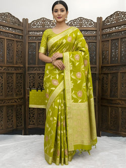 Classy Mehndi Banarasi Dola Silk Saree With Resplendent Blouse Piece