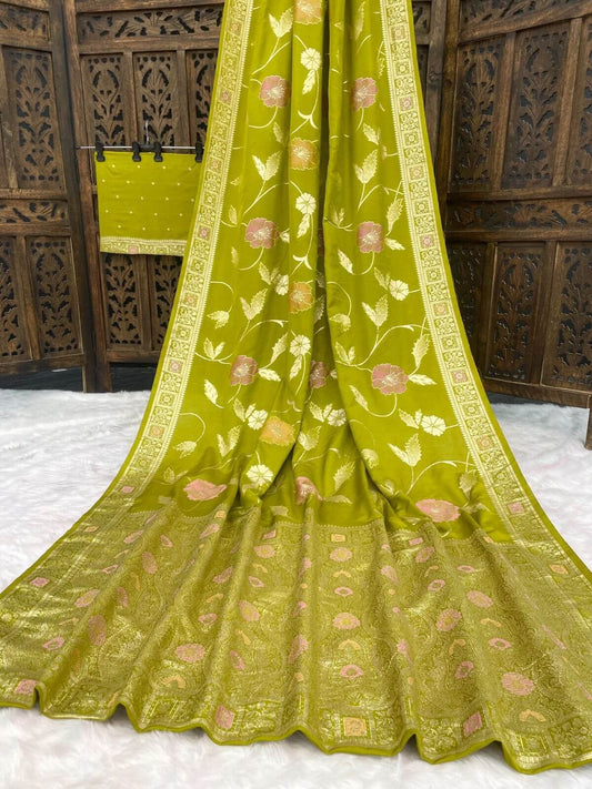 Classy Mehndi Banarasi Dola Silk Saree With Resplendent Blouse Piece