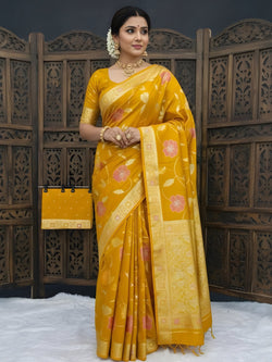 Prettiest Mustard Banarasi Dola Silk Saree With Ratatouille Blouse Piece