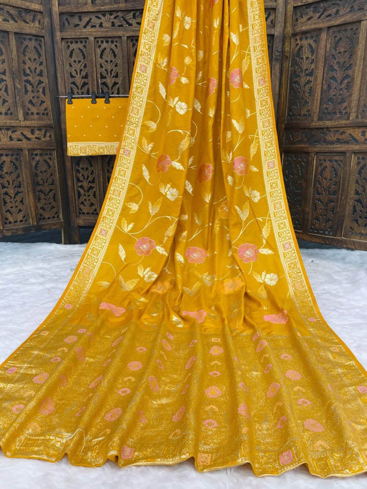 Prettiest Mustard Banarasi Dola Silk Saree With Ratatouille Blouse Piece