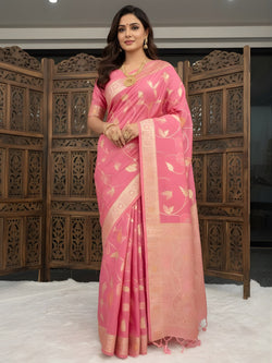 Symmetrical Pink Banarasi Dola Silk Saree With Glamorous Blouse Piece