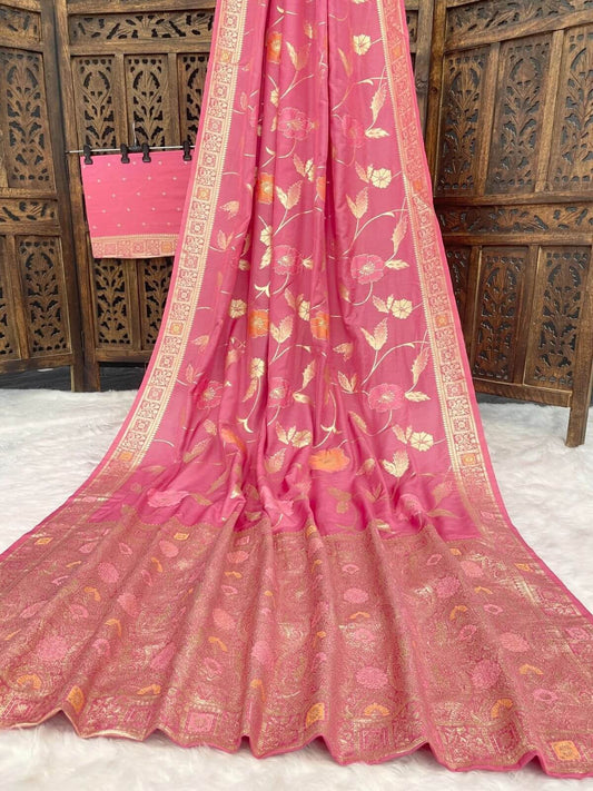 Symmetrical Pink Banarasi Dola Silk Saree With Glamorous Blouse Piece
