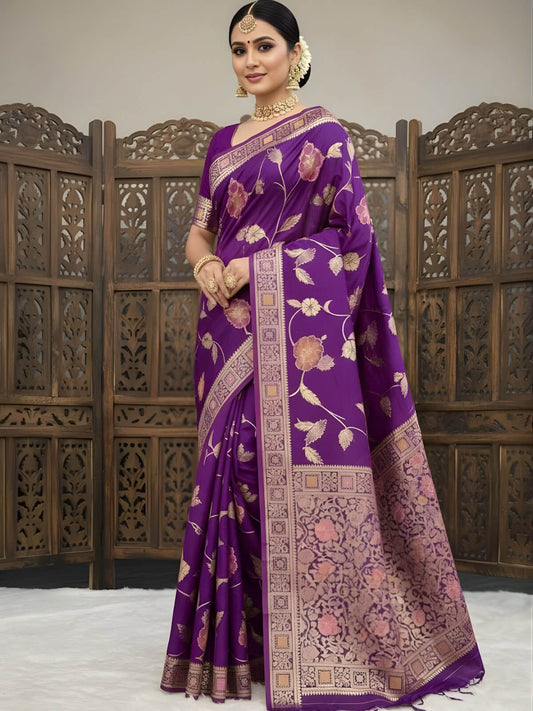 Ornate Purple Banarasi Dola Silk Saree With Designer Blouse Piece