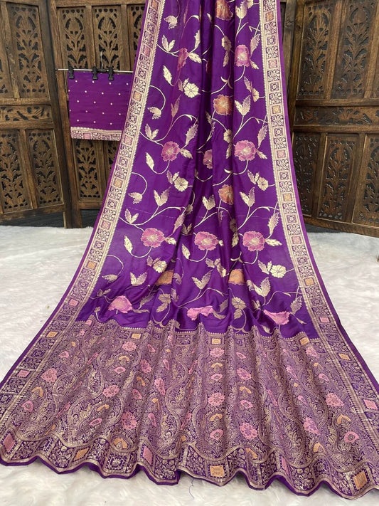 Ornate Purple Banarasi Dola Silk Saree With Designer Blouse Piece