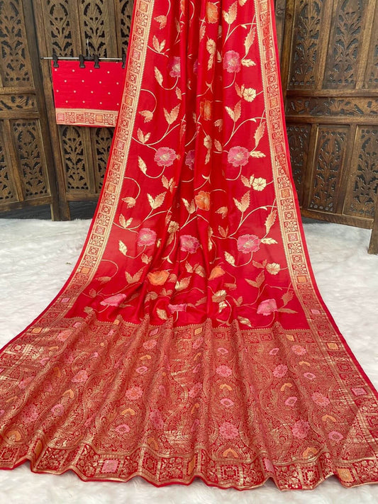 Scintilla Red Banarasi Dola Silk Saree With Gossamer Blouse Piece