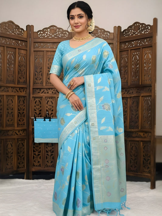 Arresting Sky Banarasi Dola Silk Saree With Exemplary Blouse Piece