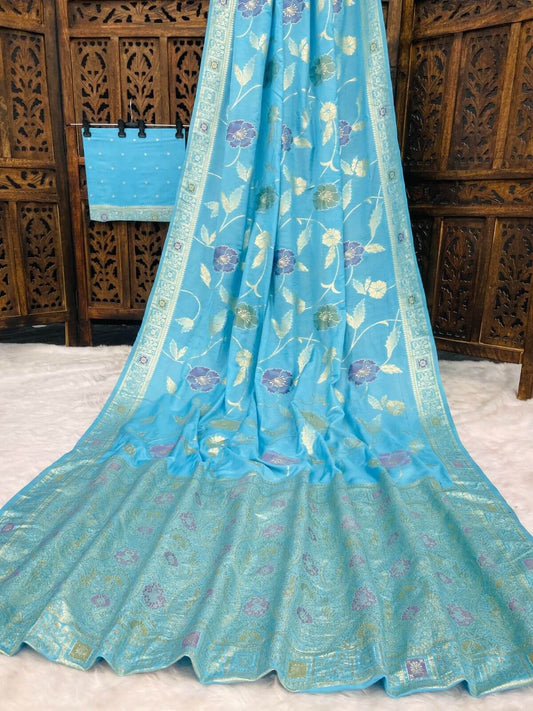 Arresting Sky Banarasi Dola Silk Saree With Exemplary Blouse Piece