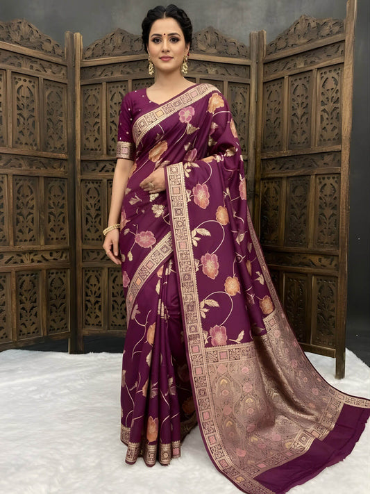Inimitable Wine Banarasi Dola Silk Saree With Conflate Blouse Piece