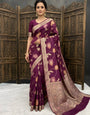 Inimitable Wine Banarasi Dola Silk Saree With Conflate Blouse Piece