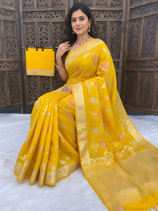 Groovy Yellow Banarasi Dola Silk Saree With Refreshing Blouse Piece