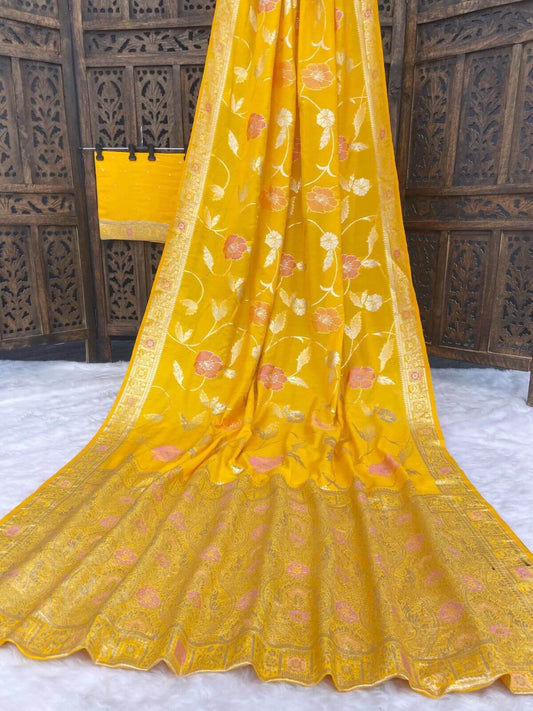 Groovy Yellow Banarasi Dola Silk Saree With Refreshing Blouse Piece