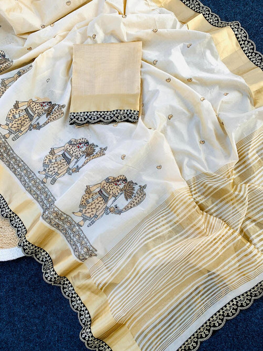 Verdant Off White Kalamkari Thread Work Tussar Silk Saree With Delectable Blouse Piece