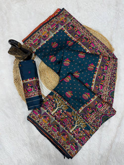 Opulent Navy Blue Pashmina Saree With Fairytale Blouse Piece