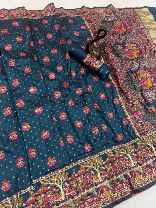 Opulent Navy Blue Pashmina Saree With Fairytale Blouse Piece