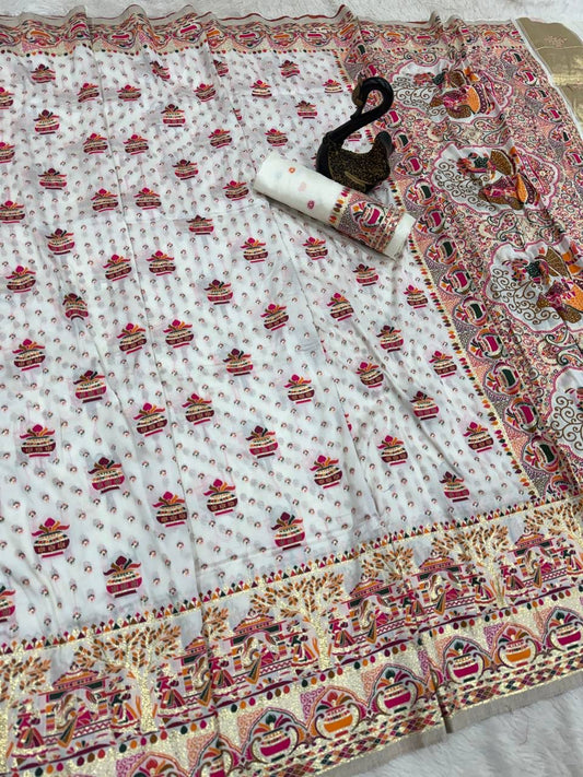 Desirable Off White Pashmina Saree With Splendorous Blouse Piece