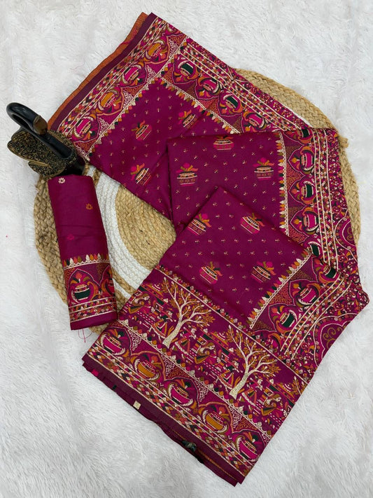 Artistic Purple Pashmina Saree With Rhapsody Blouse Piece