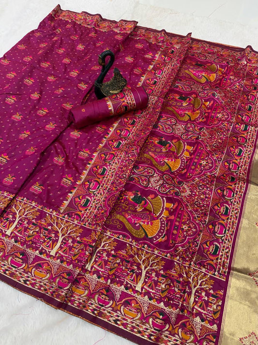 Artistic Purple Pashmina Saree With Rhapsody Blouse Piece