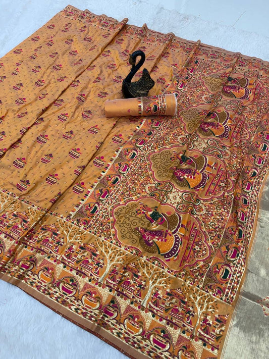 Transcendent Yellow Pashmina Saree With Brood Blouse Piece
