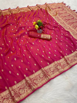 Luxuriant Dark Pink Pure Zari Weaving Banarasi Silk Saree With Exquisite Blouse Piece