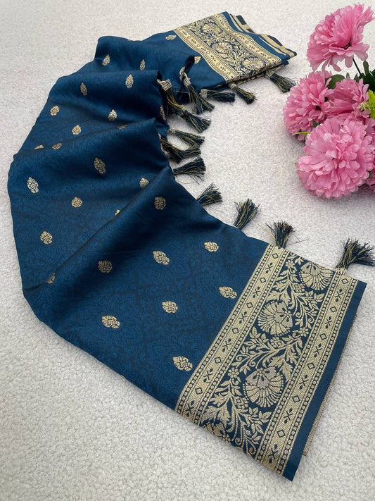 Invaluable Navy Blue Pure Zari Weaving Banarasi Silk Saree With Elision Blouse Piece