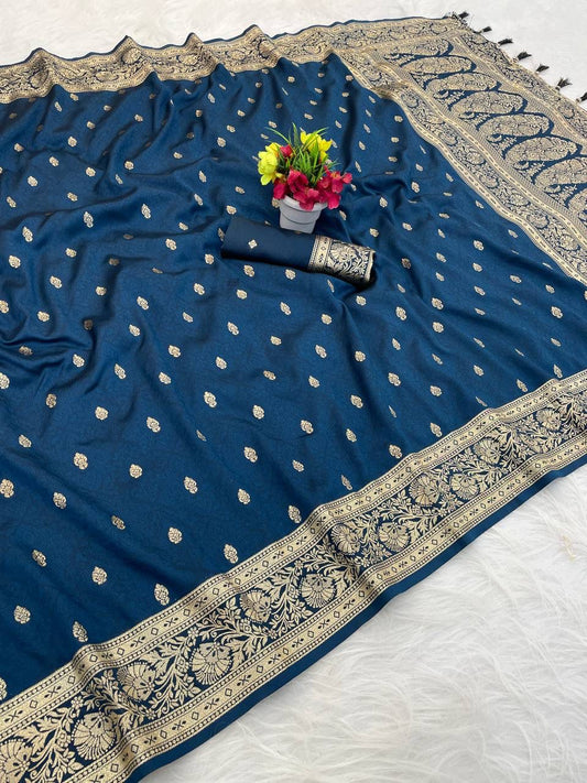 Invaluable Navy Blue Pure Zari Weaving Banarasi Silk Saree With Elision Blouse Piece