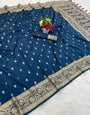 Invaluable Navy Blue Pure Zari Weaving Banarasi Silk Saree With Elision Blouse Piece