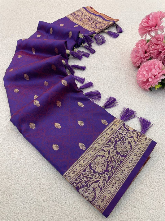Glittering Purple Pure Zari Weaving Banarasi Silk Saree With Chatoyant Blouse Piece