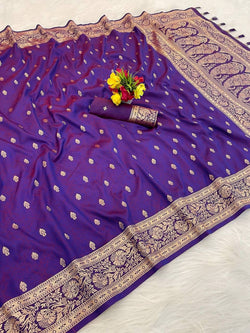 Glittering Purple Pure Zari Weaving Banarasi Silk Saree With Chatoyant Blouse Piece