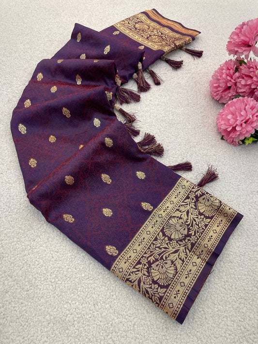 Desiring Wine Pure Zari Weaving Banarasi Silk Saree With Confounding Blouse Piece