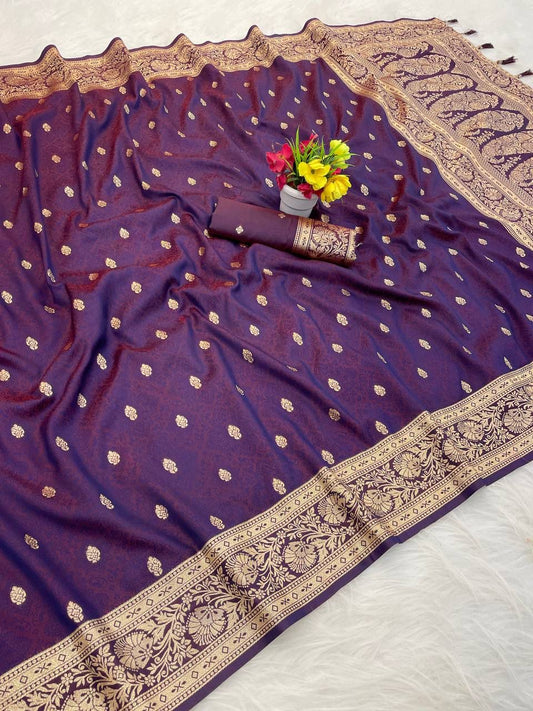 Desiring Wine Pure Zari Weaving Banarasi Silk Saree With Confounding Blouse Piece