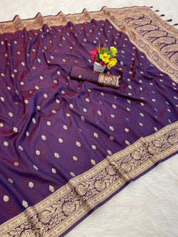 Desiring Wine Pure Zari Weaving Banarasi Silk Saree With Confounding Blouse Piece