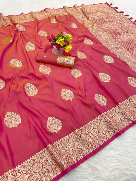 Amiable Dark Pink Pure Zari Weaving Banarasi Silk Saree With Diaphanous Blouse Piece