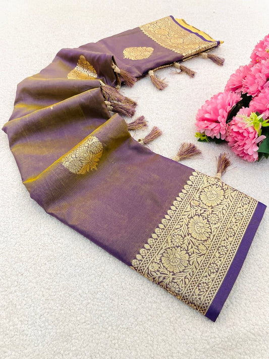 Improbable Lavender Pure Zari Weaving Banarasi Silk Saree With Ideal Blouse Piece
