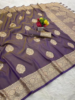 Improbable Lavender Pure Zari Weaving Banarasi Silk Saree With Ideal Blouse Piece