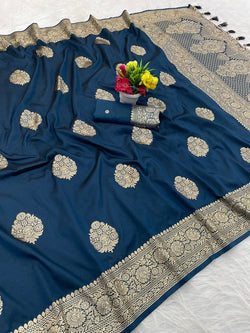 Ethereal Navy Blue Pure Zari Weaving Banarasi Silk Saree With Unequalled Blouse Piece