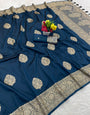 Ethereal Navy Blue Pure Zari Weaving Banarasi Silk Saree With Unequalled Blouse Piece
