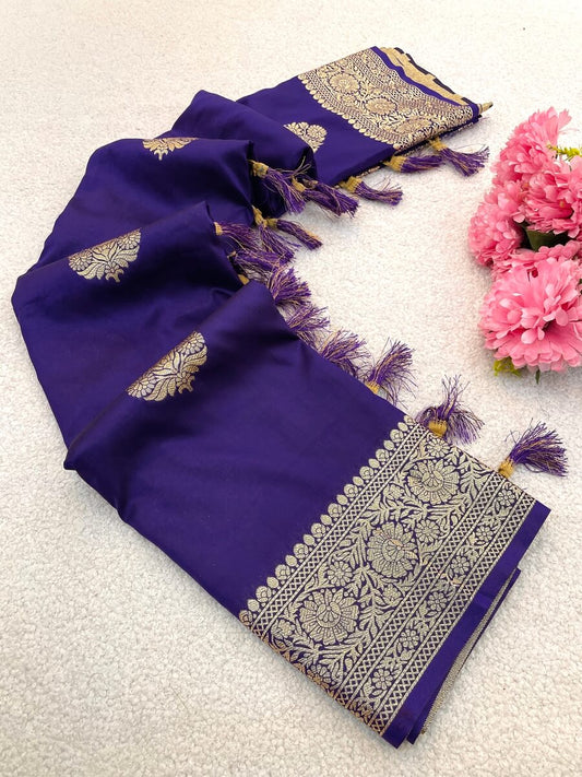Snappy Royal Purple Pure Zari Weaving Banarasi Silk Saree With Quintessential Blouse Piece