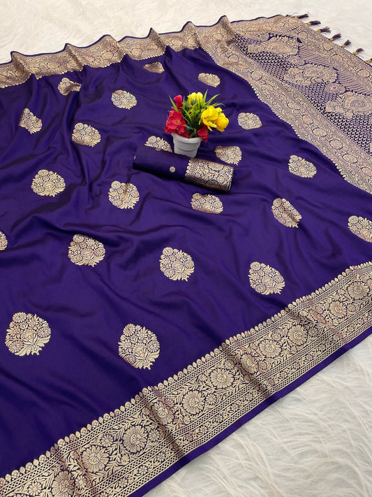 Snappy Royal Purple Pure Zari Weaving Banarasi Silk Saree With Quintessential Blouse Piece