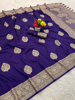 Snappy Royal Purple Pure Zari Weaving Banarasi Silk Saree With Quintessential Blouse Piece