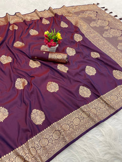 Engaging Wine Pure Zari Weaving Banarasi Silk Saree With Desultory Blouse Piece