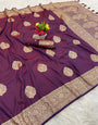 Engaging Wine Pure Zari Weaving Banarasi Silk Saree With Desultory Blouse Piece