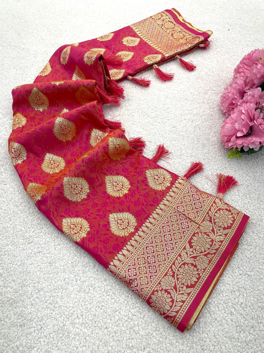 Traditional Dark Pink Pure Zari Weaving Banarasi Silk Saree With Most Impressive Blouse Piece