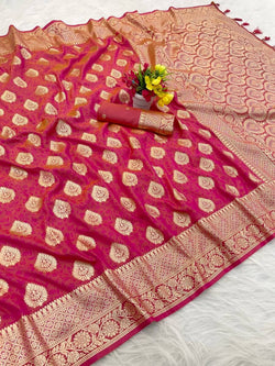 Traditional Dark Pink Pure Zari Weaving Banarasi Silk Saree With Most Impressive Blouse Piece