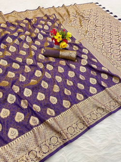 Demanding Lavender Pure Zari Weaving Banarasi Silk Saree With Precious Blouse Piece