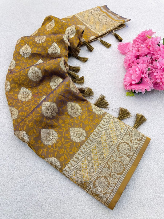 Mesmerising Mustard Pure Zari Weaving Banarasi Silk Saree With Denouement Blouse Piece