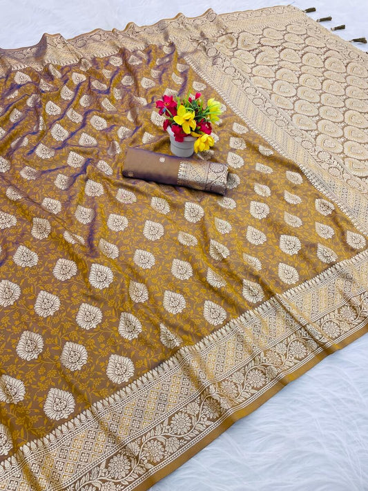 Mesmerising Mustard Pure Zari Weaving Banarasi Silk Saree With Denouement Blouse Piece