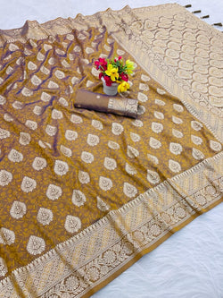 Mesmerising Mustard Pure Zari Weaving Banarasi Silk Saree With Denouement Blouse Piece