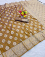 Mesmerising Mustard Pure Zari Weaving Banarasi Silk Saree With Denouement Blouse Piece
