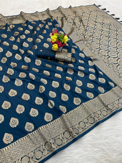 Enamoring Navy Blue Pure Zari Weaving Banarasi Silk Saree With Smashing Blouse Piece