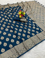Enamoring Navy Blue Pure Zari Weaving Banarasi Silk Saree With Smashing Blouse Piece